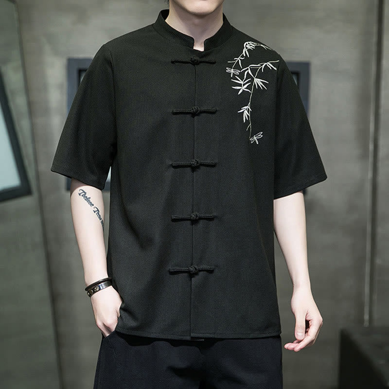 Nimara Ritual Frog-Button Leaf Dragonfly Embroidery Men's Short Sleeve Shirt