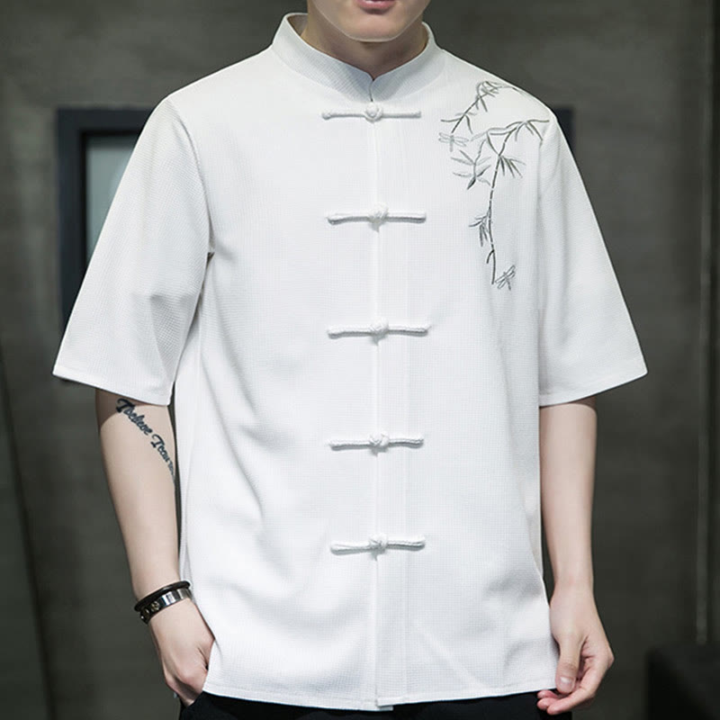 Nimara Ritual Frog-Button Leaf Dragonfly Embroidery Men's Short Sleeve Shirt