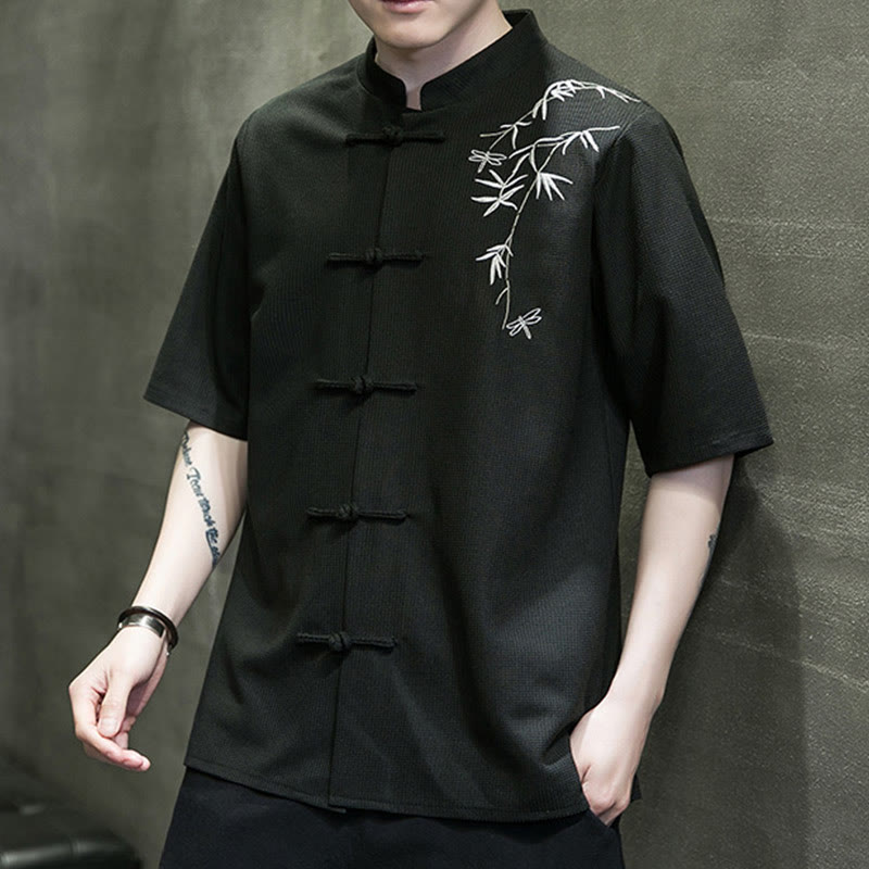 Nimara Ritual Frog-Button Leaf Dragonfly Embroidery Men's Short Sleeve Shirt