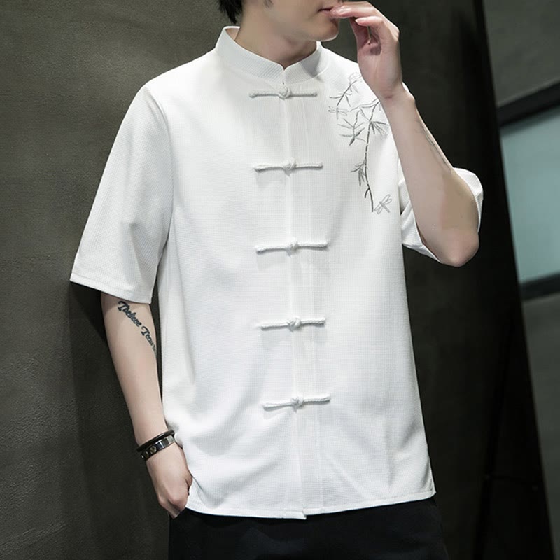 Nimara Ritual Frog-Button Leaf Dragonfly Embroidery Men's Short Sleeve Shirt