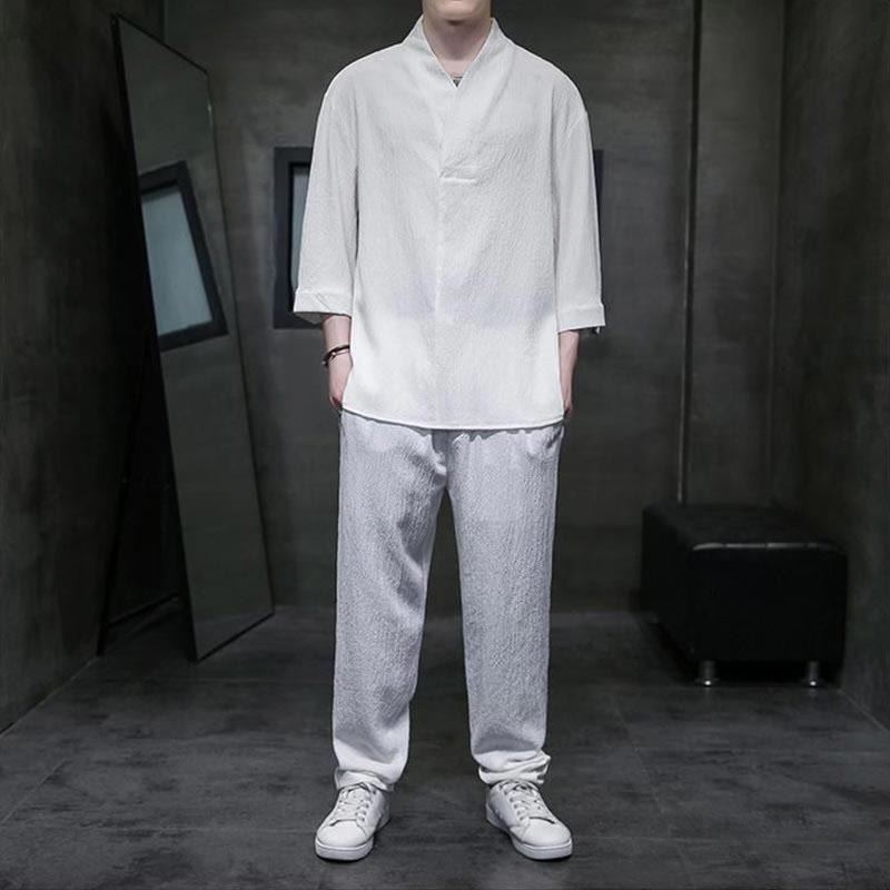 Nimara Ritual Solid Color Three Quarter Sleeve Shirt Casual Pants Clothing Men's Set