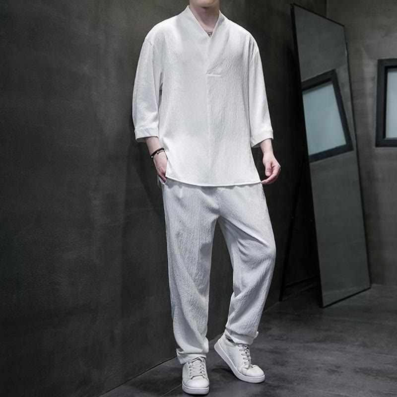 Nimara Ritual Solid Color Three Quarter Sleeve Shirt Casual Pants Clothing Men's Set