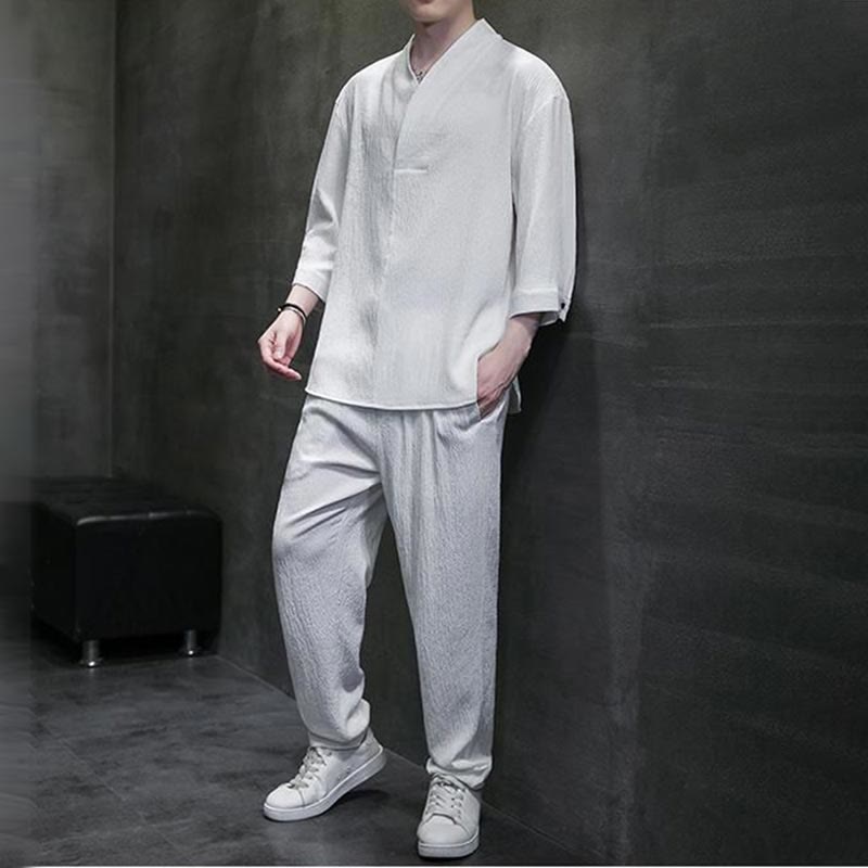 Nimara Ritual Solid Color Three Quarter Sleeve Shirt Casual Pants Clothing Men's Set