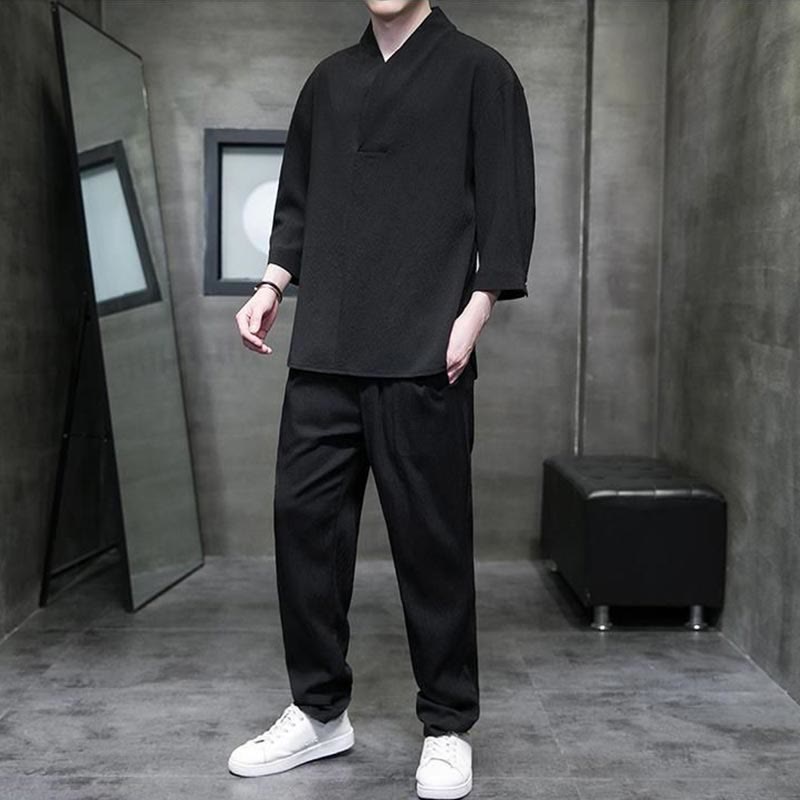 Nimara Ritual Solid Color Three Quarter Sleeve Shirt Casual Pants Clothing Men's Set