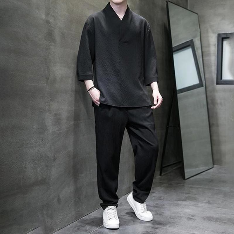 Nimara Ritual Solid Color Three Quarter Sleeve Shirt Casual Pants Clothing Men's Set
