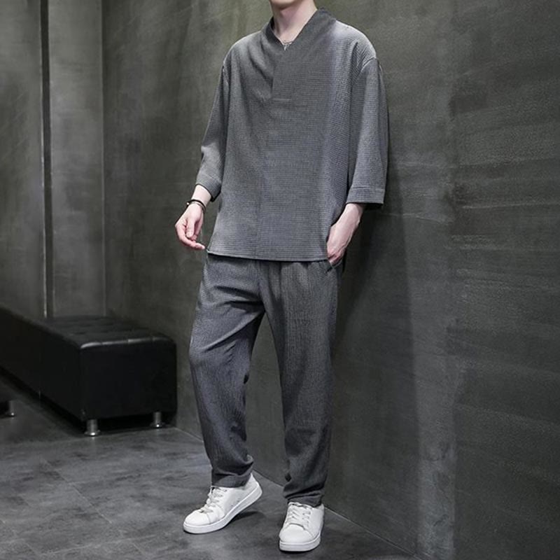 Nimara Ritual Solid Color Three Quarter Sleeve Shirt Casual Pants Clothing Men's Set