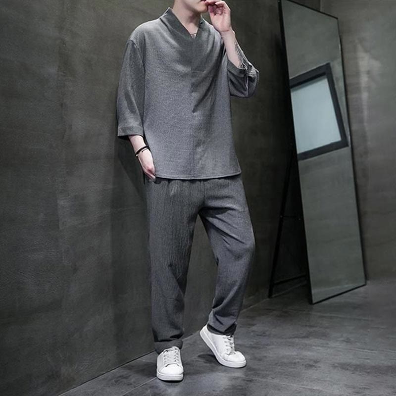 Nimara Ritual Solid Color Three Quarter Sleeve Shirt Casual Pants Clothing Men's Set