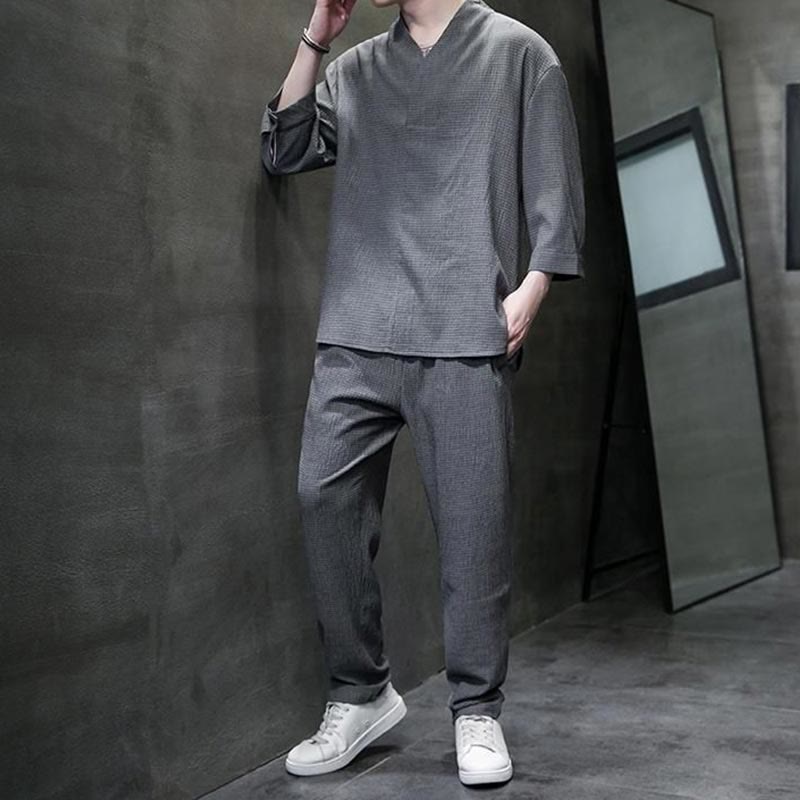 Nimara Ritual Solid Color Three Quarter Sleeve Shirt Casual Pants Clothing Men's Set