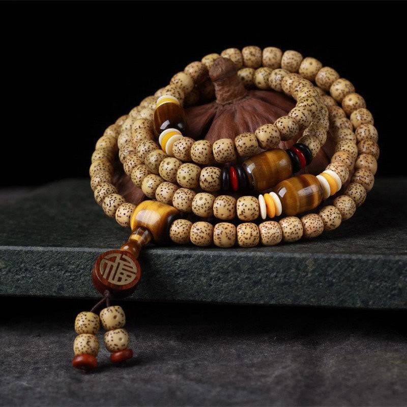 Nimara Ritual 108 Mala Beads Bodhi Seed Tiger's Eye Fu Character Peace Bracelet