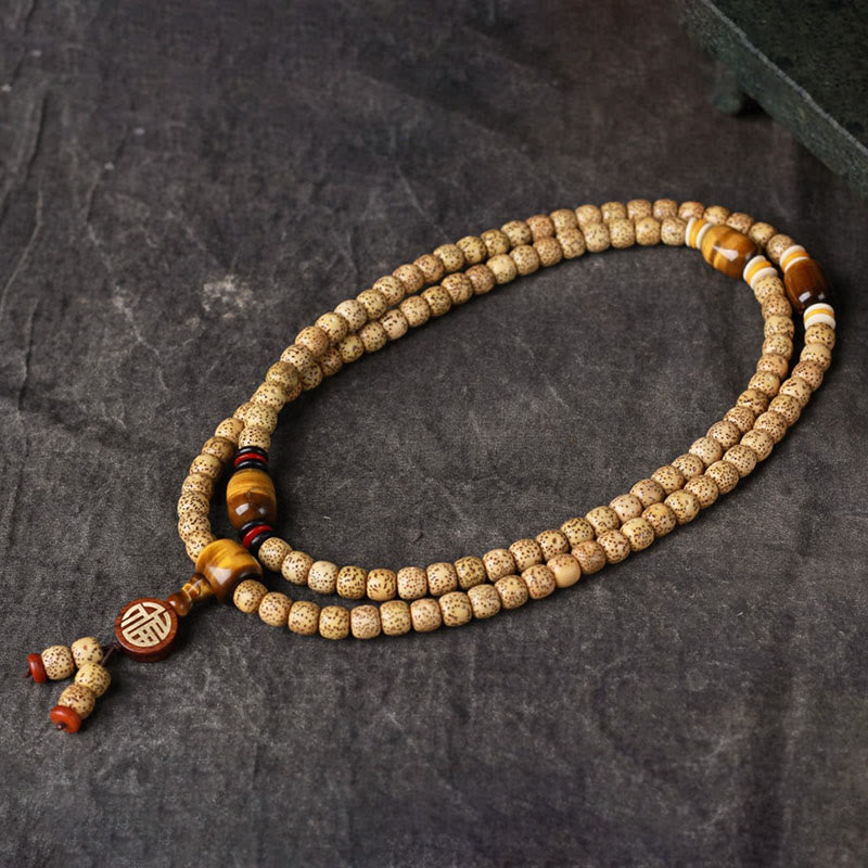 Nimara Ritual 108 Mala Beads Bodhi Seed Tiger's Eye Fu Character Peace Bracelet