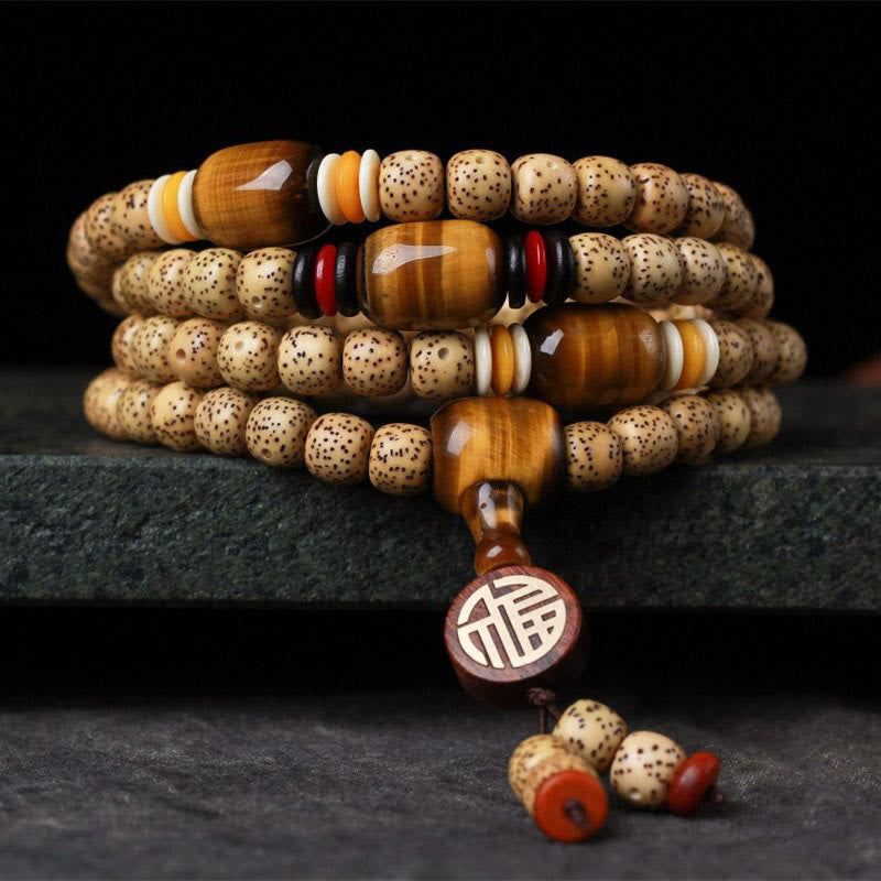 Nimara Ritual 108 Mala Beads Bodhi Seed Tiger's Eye Fu Character Peace Bracelet