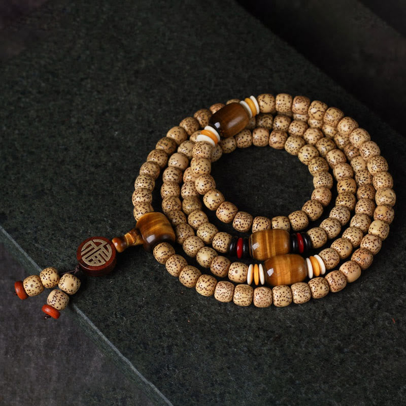 Nimara Ritual 108 Mala Beads Bodhi Seed Tiger's Eye Fu Character Peace Bracelet