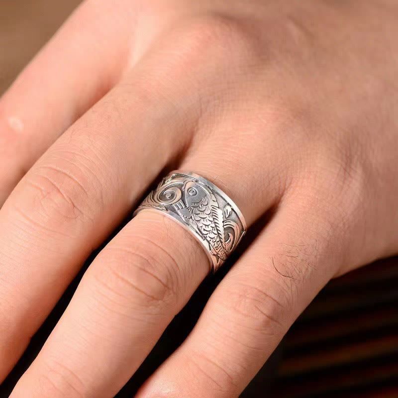 Nimara Ritual Koi Fish Heart Sutra Carved Design Luck Wealth Ring
