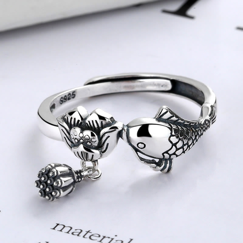 Nimara Ritual 925 Sterling Silver Koi Fish Lotus Flower Success Ring