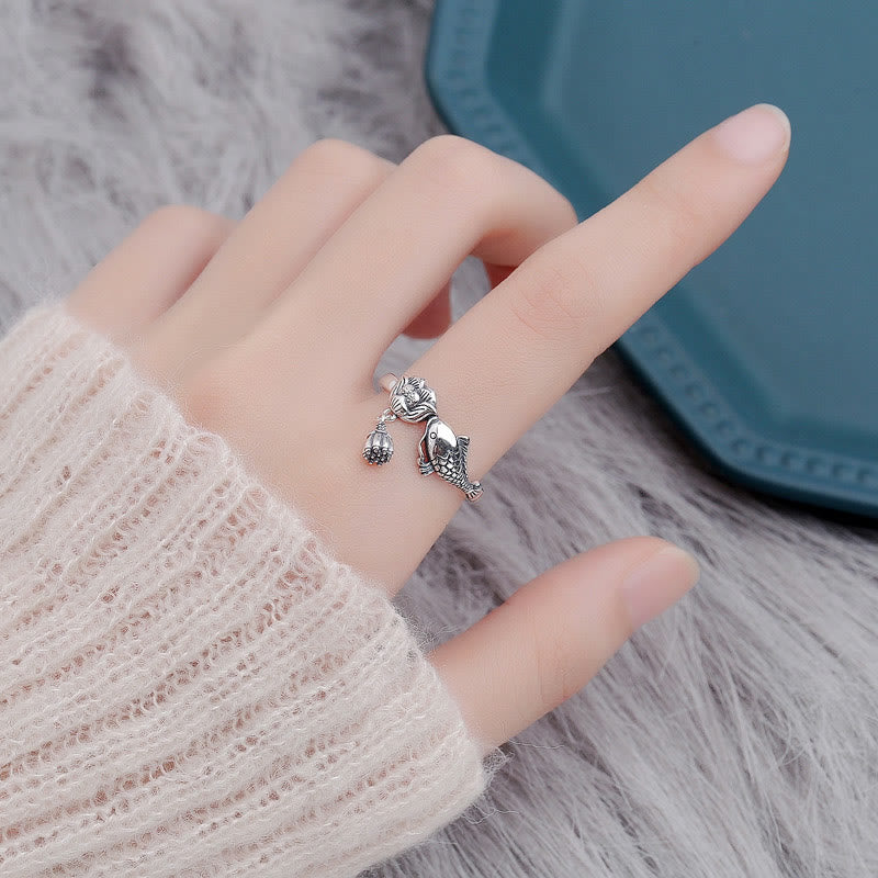 Nimara Ritual 925 Sterling Silver Koi Fish Lotus Flower Success Ring