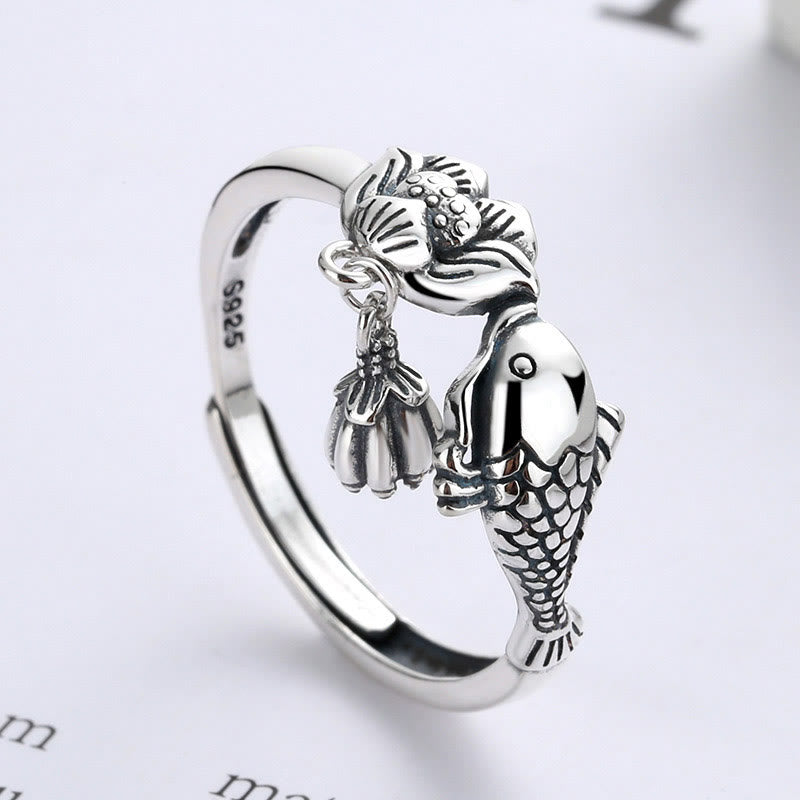 Nimara Ritual 925 Sterling Silver Koi Fish Lotus Flower Success Ring