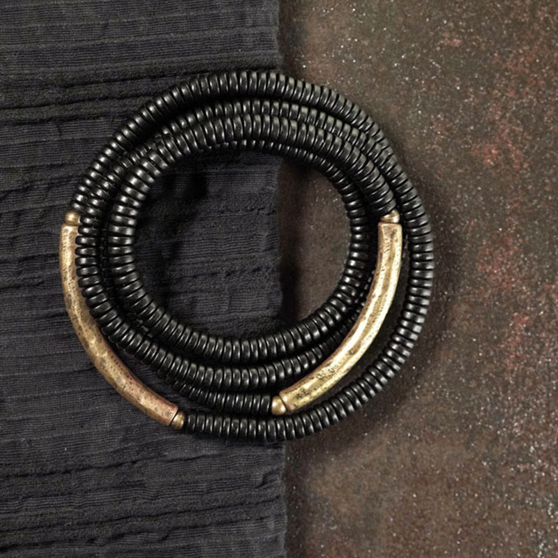 Nimara Ritual Tibetan Ebony Wood Beads Copper Peace Multilayered Bracelet