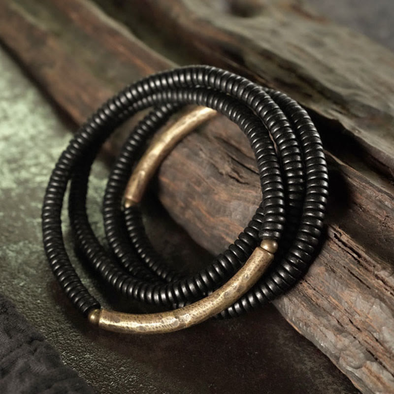 Nimara Ritual Tibetan Ebony Wood Beads Copper Peace Multilayered Bracelet