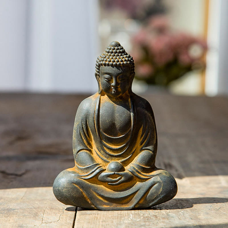 Nimara Ritual Tibetan Meditating Buddha Iron Powder Rust Cast Resin Statue Serenity Decoration