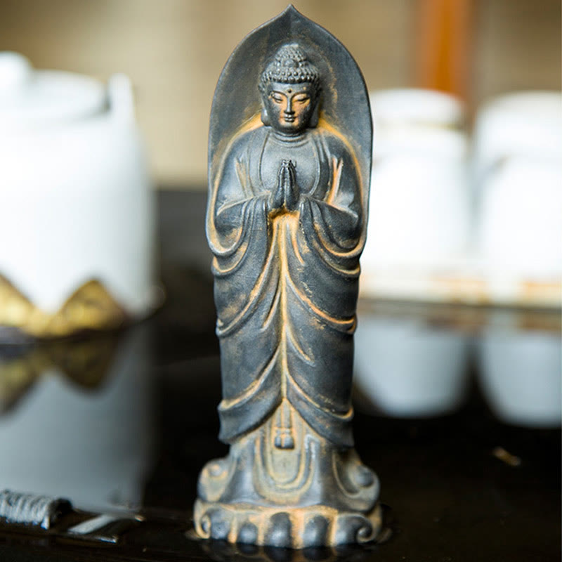 Nimara Ritual Handmade Sakyamuni Buddha Namaste Iron Powder Rust Cast Resin Statue Decoration