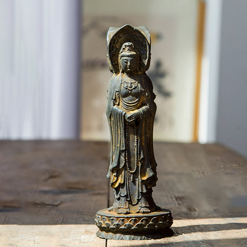 Nimara Ritual Three-sided Kwan Yin Avalokitesvara Iron Powder Rust Cast Resin Statue Wealth Desk Decoration