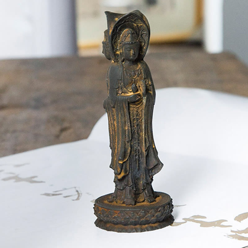 Nimara Ritual Three-sided Kwan Yin Avalokitesvara Iron Powder Rust Cast Resin Statue Wealth Desk Decoration