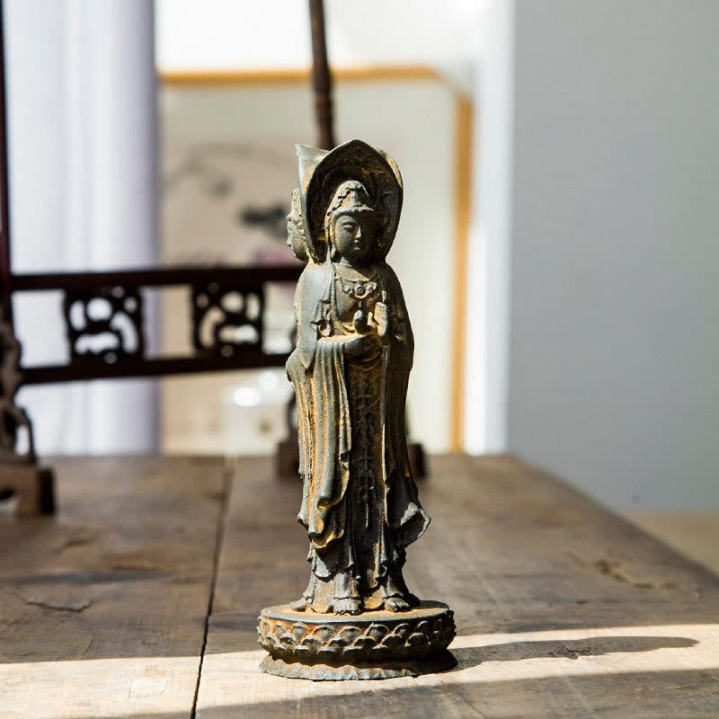 Nimara Ritual Three-sided Kwan Yin Avalokitesvara Iron Powder Rust Cast Resin Statue Wealth Desk Decoration