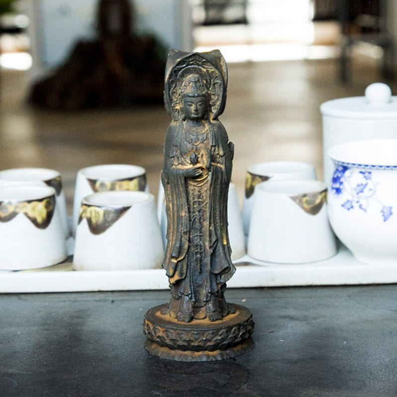 Nimara Ritual Three-sided Kwan Yin Avalokitesvara Iron Powder Rust Cast Resin Statue Wealth Desk Decoration