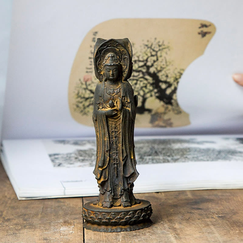 Nimara Ritual Three-sided Kwan Yin Avalokitesvara Iron Powder Rust Cast Resin Statue Wealth Desk Decoration