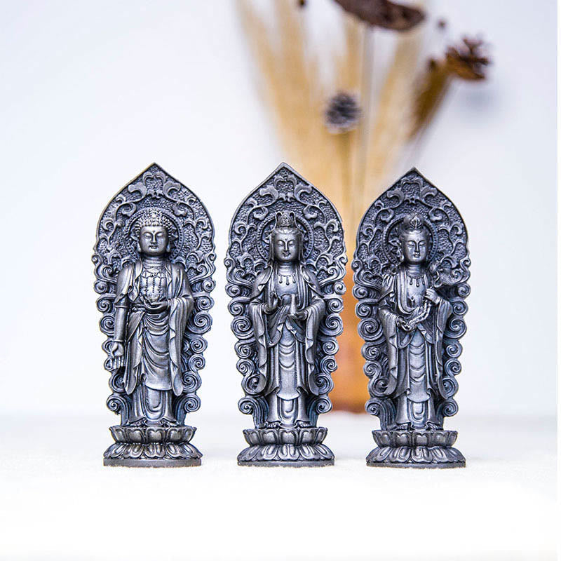 Nimara Ritual Handmade Amitabha Guanyin Avalokitesvara Mahasthamaprapta Iron Powder Rust Cast Resin Statue Decoration