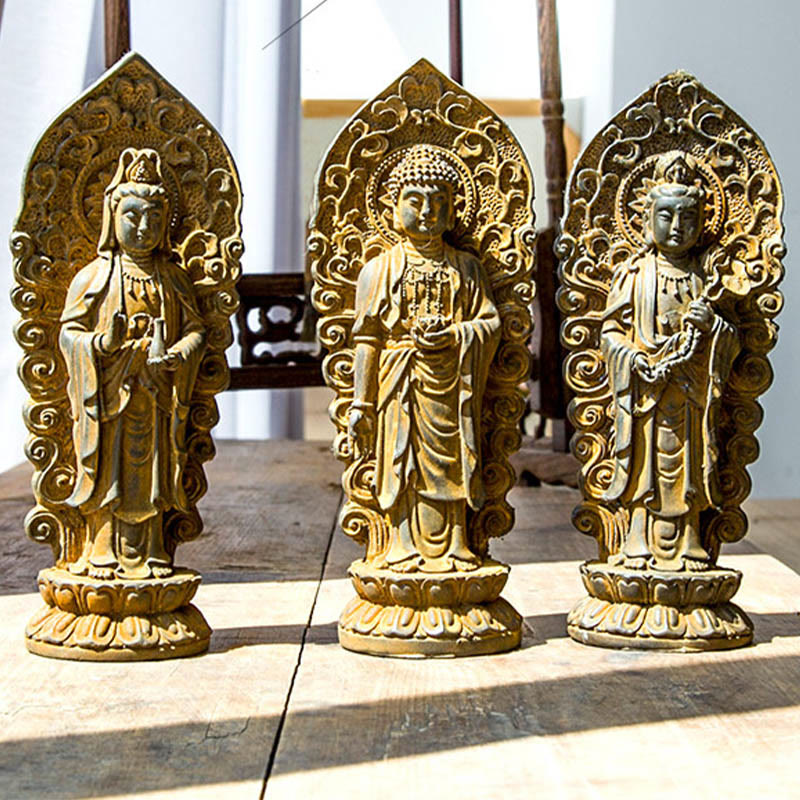 Nimara Ritual Handmade Amitabha Guanyin Avalokitesvara Mahasthamaprapta Iron Powder Rust Cast Resin Statue Decoration