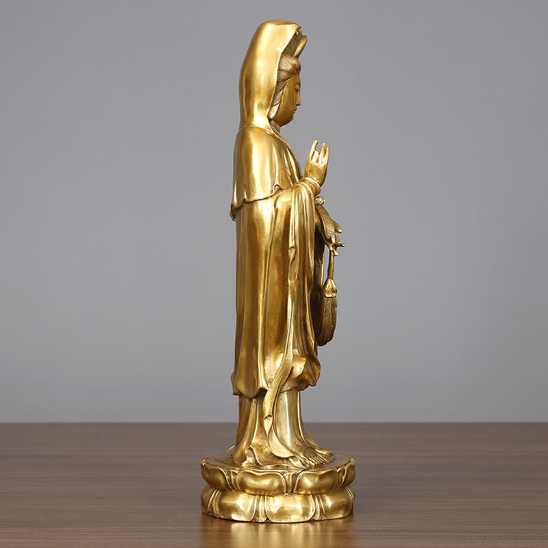 Nimara Ritual Golden Standing Kwan Yin Avalokitesvara Wealth Brass Copper Statue Home Desk Decoration