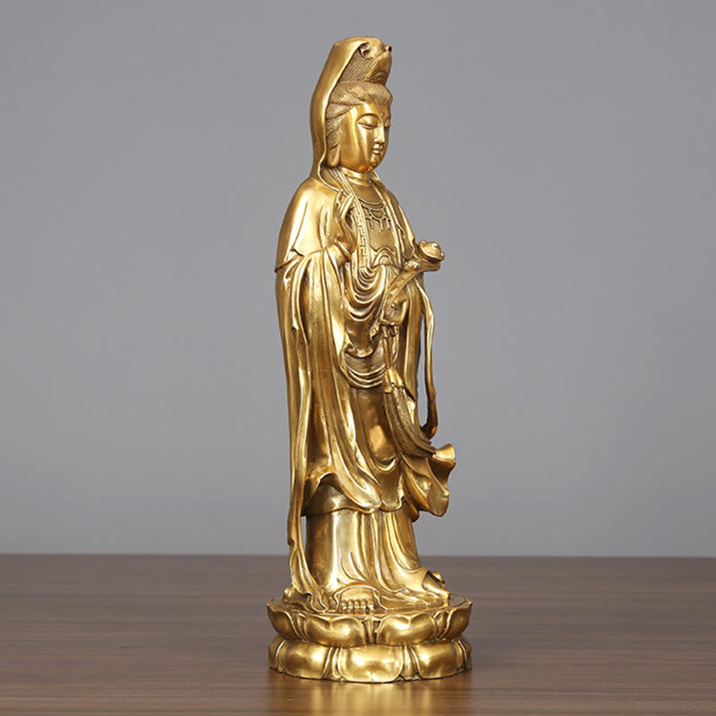Nimara Ritual Golden Standing Kwan Yin Avalokitesvara Wealth Brass Copper Statue Home Desk Decoration