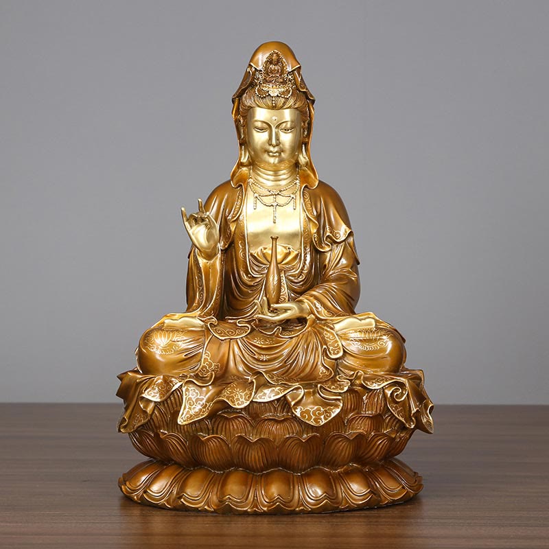 Nimara Ritual Kwan Yin Avalokitesvara Lotus Sitting Harmony Brass Copper Statue Home Altar Decoration