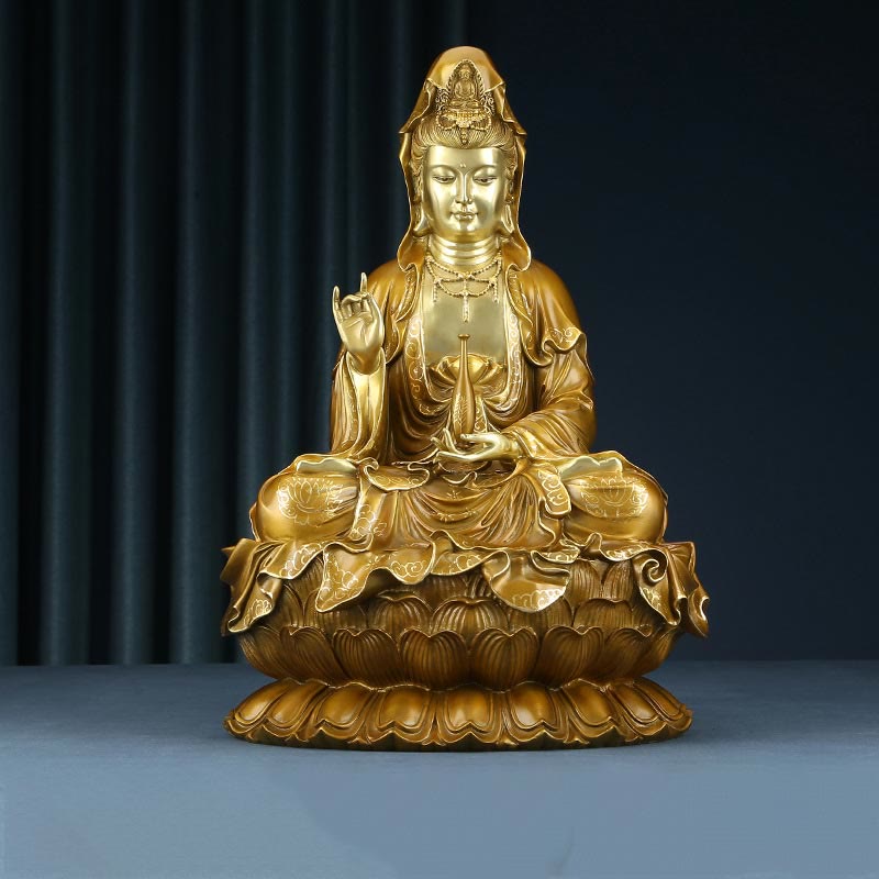 Nimara Ritual Kwan Yin Avalokitesvara Lotus Sitting Harmony Brass Copper Statue Home Altar Decoration