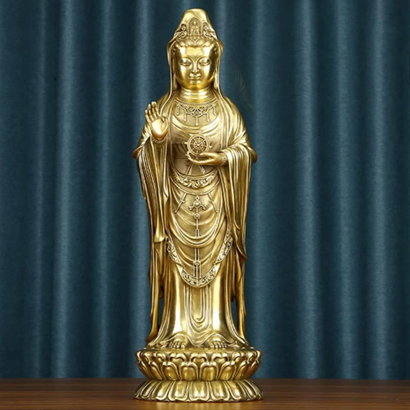 Nimara Ritual Kwan Yin Avalokitesvara Holding The Dharma Wheel Wealth Brass Copper Statue Decoration