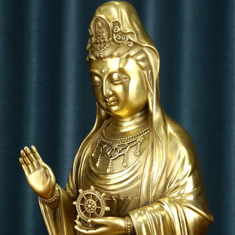 Nimara Ritual Kwan Yin Avalokitesvara Holding The Dharma Wheel Wealth Brass Copper Statue Decoration