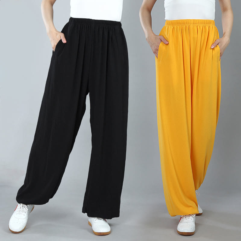 Nimara Ritual Summer Unisex Elastic Waist Tai Chi Kung Fu Qigong Practice Cotton Breathable Pants With Pockets