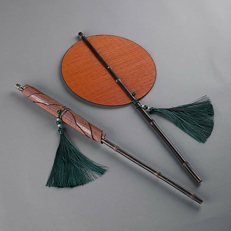 Nimara Ritual Chinese Style Handmade Bamboo Long Handle Portable Curlable Fan