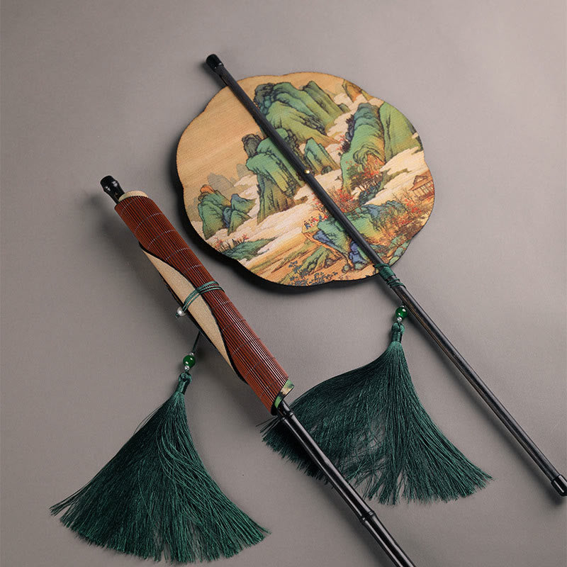 Nimara Ritual Handmade Bamboo Thousand Miles of Rivers and Mountains Long Handle Portable Curlable Fan