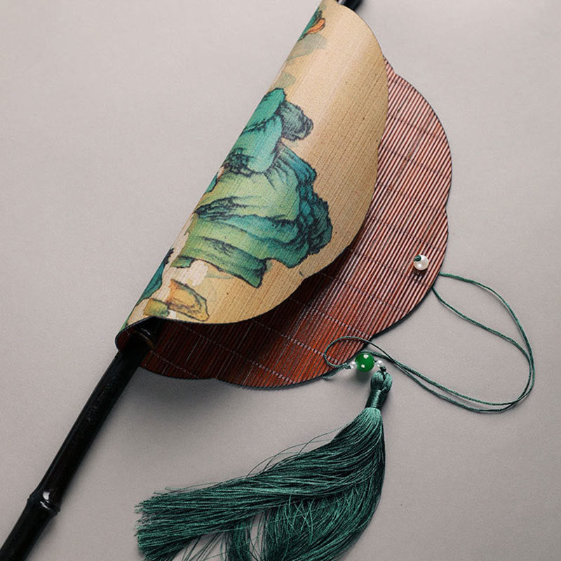 Nimara Ritual Handmade Bamboo Thousand Miles of Rivers and Mountains Long Handle Portable Curlable Fan
