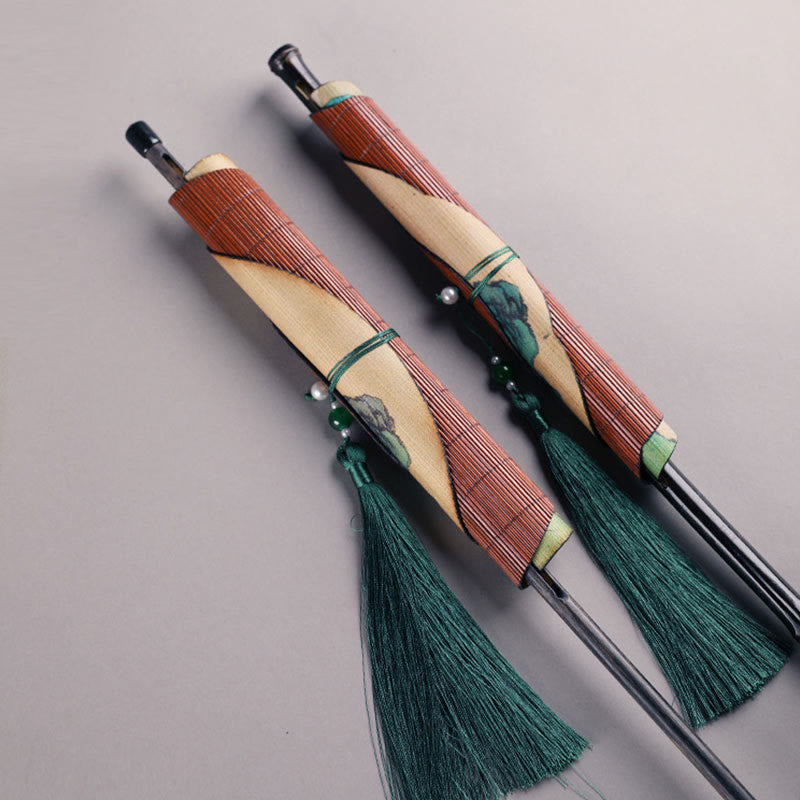Nimara Ritual Handmade Bamboo Thousand Miles of Rivers and Mountains Long Handle Portable Curlable Fan