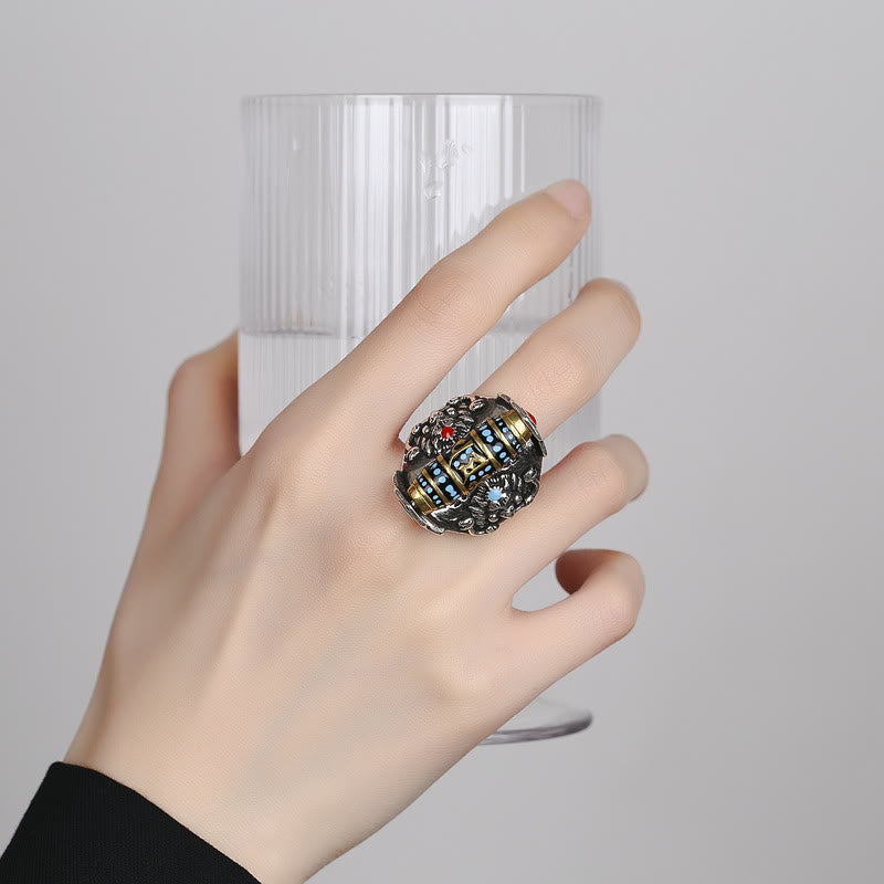 Nimara Ritual Tibetan Om Mani Padme Hum Garuda Dzi Bead Pattern Peace Rotatable Ring