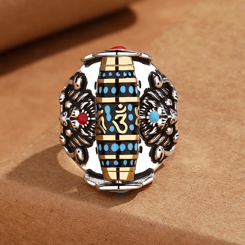 Nimara Ritual Tibetan Om Mani Padme Hum Garuda Dzi Bead Pattern Peace Rotatable Ring