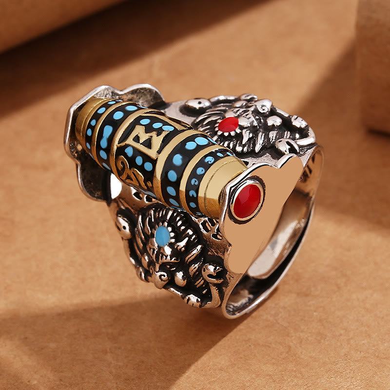 Nimara Ritual Tibetan Om Mani Padme Hum Garuda Dzi Bead Pattern Peace Rotatable Ring