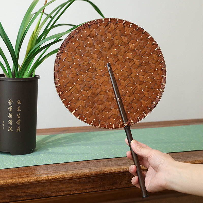 Nimara Ritual Vintage Chinese Style Handmade Round Octagonal Shaped Bamboo Long Handle Fan