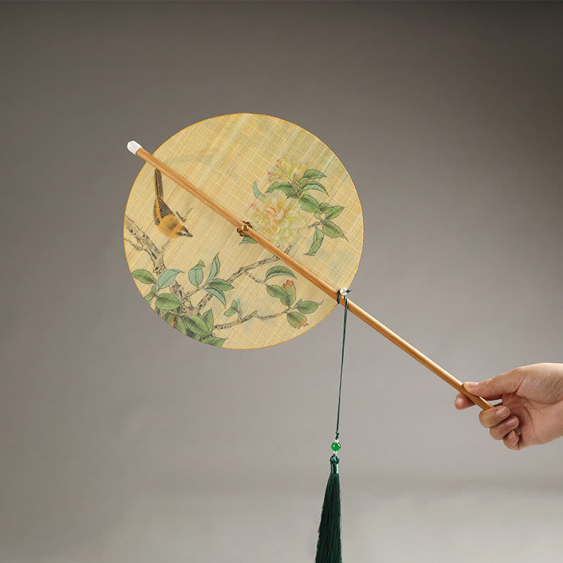 Nimara Ritual Handmade Birds Flowers Persimmons Fruit Koi Fish Lotus Bamboo Long Handle Portable Curlable Fan