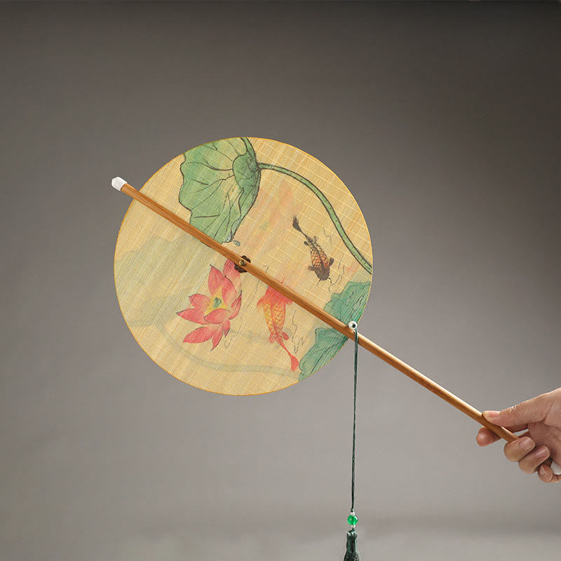 Nimara Ritual Handmade Birds Flowers Persimmons Fruit Koi Fish Lotus Bamboo Long Handle Portable Curlable Fan