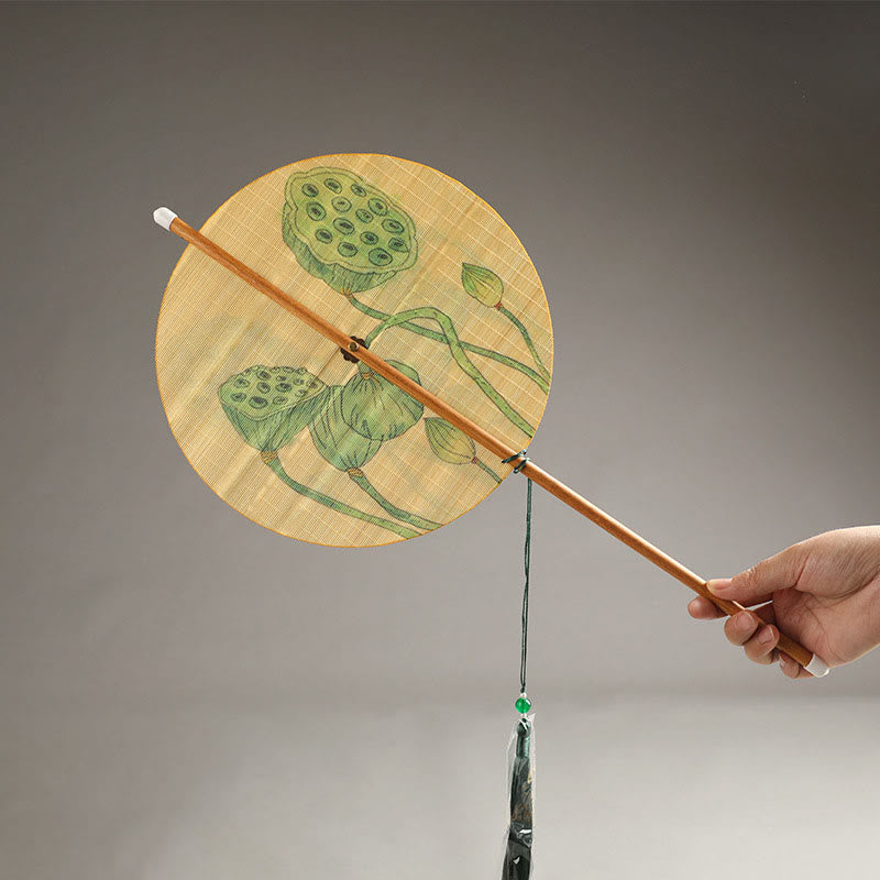 Nimara Ritual Handmade Birds Flowers Persimmons Fruit Koi Fish Lotus Bamboo Long Handle Portable Curlable Fan