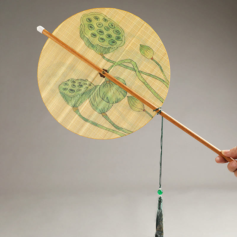 Nimara Ritual Handmade Birds Flowers Persimmons Fruit Koi Fish Lotus Bamboo Long Handle Portable Curlable Fan